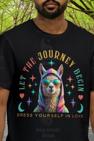 Let The Journey Begin, Dress Yourself In Love Groovy Llama Design. This fun groovy llama journey design is perfect for anyone that loves retro and vintage inspirational sayings, hearts, hippie themes, and more.